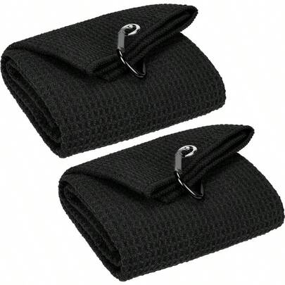 2-Pack 40*50cm Tri-Fold Golf Towels, Waffle Pattern, With Black Heavy-Duty Carabiner Clip, Suitable For Golf Bags (Black)
