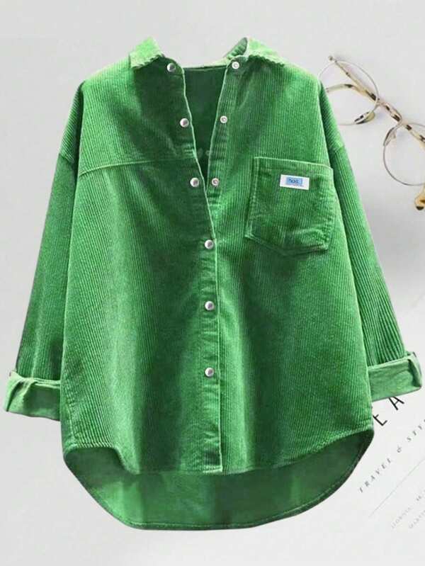 Plus Size Women's Fashion Corduroy Shirt, Long Sleeve, Collar, Front Button, Drop Shoulder, Asymmetric Hem