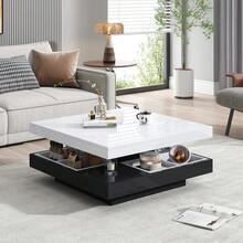 Functional Coffee Table With High-Gloss Surface, Living Room Table, 360° Rotating 2-Tier Table With Storage Drawer, White Lounge Table, Black Frame 70*70*36 - Black + White + Particle Board - View 10