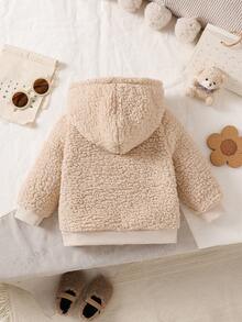 Cardigan con cappuccio in morbido tessuto tinta unita per bambine, abbigliamento esterno alla moda e confortevole, adatto per l'autunno/inverno e l'uso quotidiano - Albicocca - Visualizzare 3