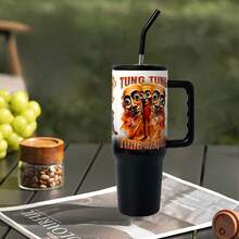 40oz/1200ml Taza de acero inoxidable con diseño interesante, termo con patrón divertido, taza de gran capacidad con asa y pajita: ¡perfecta para regalar en Navidad y para uso personal! - Negro - Ver 1