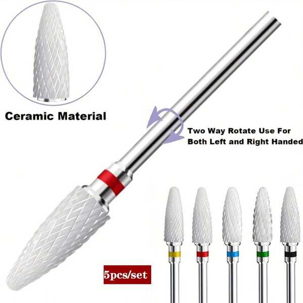 5pcs/Set Ceramic Tungsten Carbide Nail Drill Bit Rotate Burr Milling Nail Cutter Bits Electric Drill Machine For Manicure Pedicure Tools