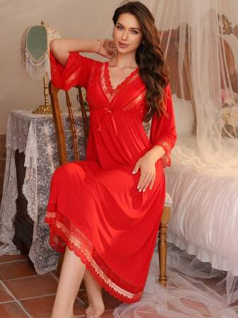 1pc Women's Christmas Style Silk Long Robe, Vintage Lace Patchwork, Soft Palace Style Nightgown For All Seasons, Autumn/Winter, Moo Moo Night Dress