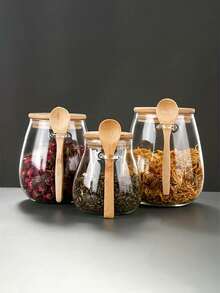 2pcs (Jar+Spoon)1 Set: Sealed Glass Storage Jar With Spoon - Perfect For Coffee, Sugar, Tea, Salt, Candy And Spices | Ideal Kitchen Organizer For Home, Restaurant And Food Truck - Nhiều màu - Xem 1