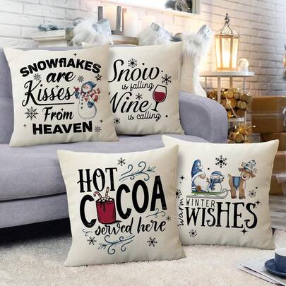 4PCS Winter Wishes Dwarf Snowman Decorative Pillowcase, Snowflakes Are Kisses From Heaven Blue Christmas Throw Pillowcase, Hot Cocoa Cottage Cushion Cover For Home Decor