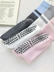 1双/4双装女士长条纹双条纹防滑瑜伽袜，适合居家、健身房、普拉提、瑜伽、运动，底部采用硅胶点防滑设计，时尚糖果色。 - 彩色 - 查看 8