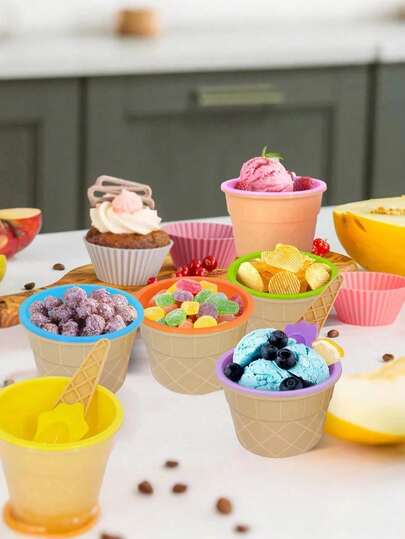 1 Ice Cream Bowl With Spoon, Suitable For Dessert Sundae Birthday Parties In Summer, The Most Popular Gift Decoration For Ice Cream, Ice Cream Bowl Set, Double-Layer Plastic Cup, Creative Ice Cream Bowl, Conical DIY Ice Cream Tool, Ice Cream Bowl Spoon