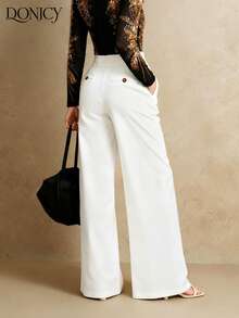 DONICY Women's Solid Color Double Pocket Straight Leg Pants, High Waist Loose Elegant Bell-Bottom Trousers, Pleated High Waist Minimalist Commuter Style, Autumn/Winter