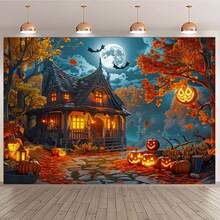 1pc Halloween Full Moon Haunted House Backdrop With Witch'S Cottage, Autumn Leaves & Jack-O'-Lanterns - Polyester Multipurpose Banner For Birthday, Anniversary, Wedding, Youngsters Shower - No Electricity Needed - Available In 4 Sizes (41.3x59", 53x59", 59x80.7", 70.8x92.5"), Halloween Decorations - 40*60in(100*150cm) - 查看 2