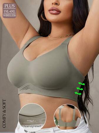 1pc Plus Size Green Women's Bra, Wireless Full Coverage Comfortable Breathable Sports Yoga Bra, Elegant For Daily Home Wear