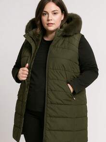 Chaleco Largo Acolchado Mujer Tallas Extras Premium Sakers - Verde Oliva - Ver 3