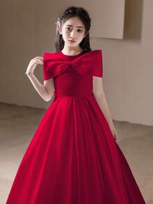 Burgunderrotes elegantes langes Kleid, Abendkleid für Teenager, große Schleife als Dekoration, geeignet für Geburtstagsfeiern, Hochzeiten, Abschlussbälle - Bordeaux - Übersicht 5