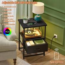 Tomnk Night Stand Set Of 2 With Charging Station, LED Nightstand With Fabric Drawers, End Table With PU Finish, Bed Side Table, Black - Xem 4