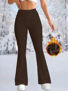 女士保暖加厚高腰喇叭裤，冬季健身保暖加厚打底裤柔软瑜伽裤，女装，女士冬季服装 - 棕色 - 查看 4