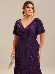 EVERPRETTY Vestido midi de sirena con escote en V y mangas cortas con lentejuelas para mujer de talla grande, vestido de noche morado adecuado para cena formal, vacaciones, invitada de boda, vestido de fiesta formal que se ajusta a la curva para ocasiones de primavera - Morado - Ver 6