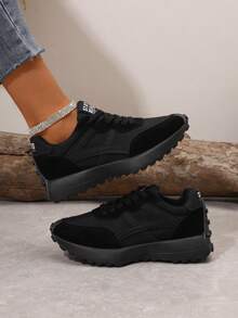 Women's Lightweight Running Sneakers - Lace-Up Closure, Multi-Functional Flat Sole, Breathable Fabric & Faux Leather Material - Pure Black - View 2