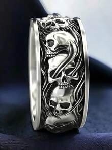 Skull & Smoke Round Ring - Gothic Biker Wedding Band For Men, Vintage Halloween Jewelry, Memorial Gift For Him - 銀色 - 查看 2