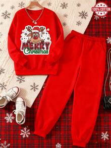 Conjunto de 2 peças feminino com estampa de rena natalina, composto por moletom 100% algodão com bolso e calça folgada com cordão. Macio e respirável, ideal para outono/inverno, perfeito para passeios casuais, encontros familiares e para combinar com outras roupas da família.