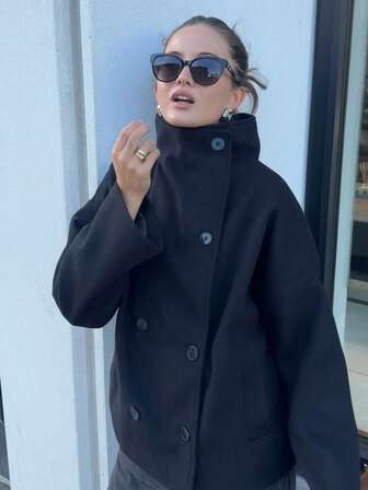 Vintage Style Solid Color Double-Breasted High Collar Women Jacket, Commuter Women Coat For Autumn/Winter