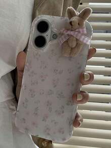 Flower 1pc Youthful And Girl Floral White Classic Full-Coverage Soft Phone + Three-Dimensional Pink Lattice Bow Brown Rabbit, Compatible With IPhone16 15 14 13 12 11 Pro Plus - trắng - Xem 4