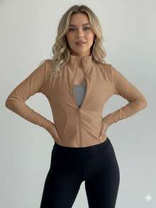 Women's Long-Sleeved Jacket With Crew Neck, Front Zipper, Solid Color, Elasticated Spandex, Fitted, Sporty, Casual, Modern, Comfortable, Lightweight, Basic, Elegant, Fashion, Women's Fashion, Spring, Autumn, Winter 2025, Sportswear, Young Woman, Women's Clothing, Gym, Workout, Walking, Running, Comfy Look, Chic, , Women's Jacket, Spandex, , Fashion Jacket, Comfy, Women's Coat, High Neck, Basic, Casual, , Women's Clothing, Fitness, Streetwear, Women's Jacket, Sporty, Winter, Lightweight, Spandex, Women's Jacket, Sporty Collar, 2025, Modern Women's Clothing, Fitted, Comfy, Stylish, Casual Look, Women's Clothing, Fashion Jacket, Comfy, Basic, Elasticated, Winter, Autumn, Women's Fashion - Màu be - Xem 1