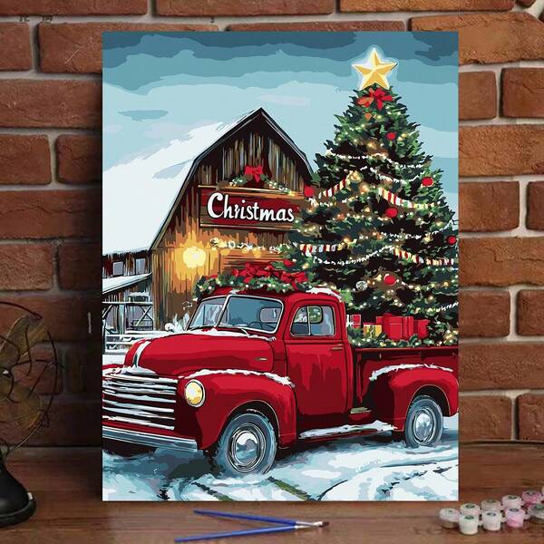 1 Set Weihnachts-Rot-Lastwagen Digitale Ölmalerei-Set, rahmenloses Leinwandbild, DIY Acrylmalerei-Set, Landschafts-Digitale Ölmalerei-Set, ideal zur Stressreduktion, Malen nach Zahlen, handgefertigtes Ausfüllen der Zahlen, geeignet für Schlafzimmerdekoration und Wandkunst, perfektes Geschenk für Freunde
