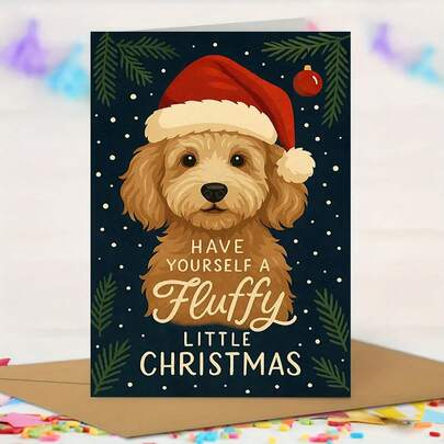 1 Peça Cartão de Natal adorável com Poodle, Chapéu de Papai Noel e Design de Cachorro Fofo - Letras Douradas "Tenha um Natal Fofo" - Cartão de Saudação de Inverno Aconchegante com Poodle para Amantes de Cachorros, Amigos e Família - Cartão Festivo de Férias com Envelope Incluído