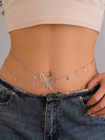 1pc Stylish Gold Tassel Butterfly Pendant Double Layer Waist Chain, Sexy Metal Body Jewelry Accessory For Dress, Jeans, Belt, Party, Holiday, Travel, Photo Shoot