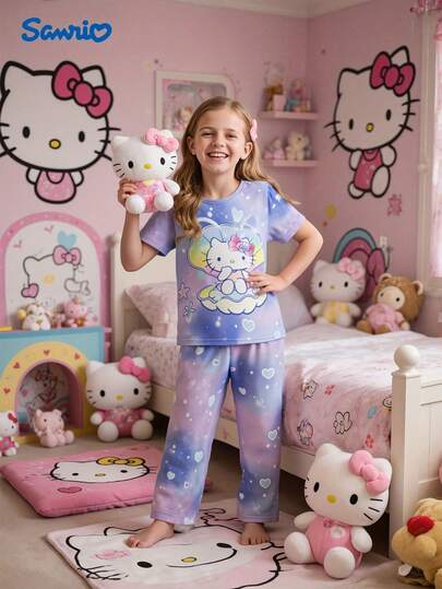 Sanrio Sanrio Hello Kitty Flame Retardant Girls Glow-In-The-Dark Hello Kitty Print Short Sleeve Pajama Top + Heart Bubble Print Pants 2 Pieces Sleepwear Set
