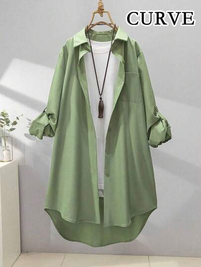Plus Size Women Asymmetric Hem Long Shirt, With Collar And Button Details, Dropped Shoulder Long Sleeve Top