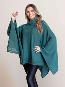 GIP Women's Poncho Knit Mousse Plain High Neck With Button Winter Wool Coat - 苔綠色 - 查看 2