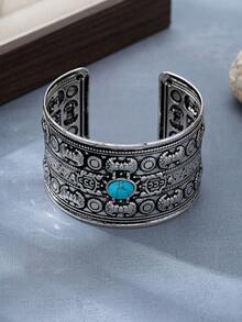 1 Stück modischer, bohemian-vintage, übertrieben antik texturierter asymmetrischer Armband-Anhänger mit eingebettetem blauem Stein, geeignet für Damen für den täglichen Gebrauch, Urlaub und Partys