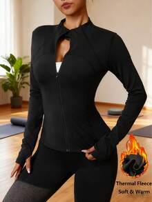 Plus Size Women Thermal Lined Sports Jacket, Soft Warm Thick Long Sleeve Coat, Zipper Closure With Thumb Hole, Suitable For Yoga, Running, Gym, Daily Wear - Black - View 5