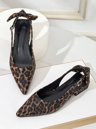 Leopard Print Retro French Style Flat Pointed Toe Bowknot Backless Mary Jane Sandals For Women, Casual Hollow-Out Outdoor Shoes For All Seasons