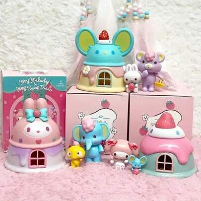 Figuras de la casita de campo de My Melody de Sanrio - Colores pastel adorables (rosa, azul, amarillo, verde, rojo, blanco) con personajes encantadores, decoración de coleccionista detallada para fans, decoración encantadora para el hogar y la oficina, figuras coleccionables, diseño juguetón, artesanía detallada