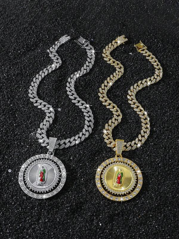1pc Men's Hip Hop Style Fully Iced Out Rotating Religious Virgin Mary Pendant Necklace