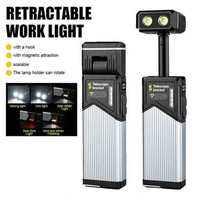1pc Extendable Work Lamp With Magnetic Hook Base, Rotating COB Lamp, Rechargeable And Waterproof, Suitable For Outdoor Camping, Home Emergency Lighting