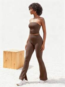 YEOREO Flare Split Hem Leggings For Women Tummy Control Workout Leggings Nasreen Hidden Scrunch Bootcut Gym Yoga Pant Yoga Pants For Women Winter Clothes For Women Black Pants - 咖啡 - 查看 3