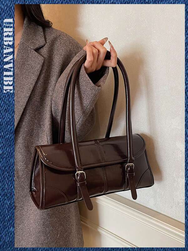 1pc Solid Color PU Leather Simple Flap Shoulder Bag, Vintage Fashion Square Handbag For Women, Top Double Handles, Flap Closure, Suitable For Travel, Shopping, Dating, Women's Gift, Great For Commuting, Outdoor, Travel, Hiking Luxury Exquisite Box Bag, New Fashion Women Handbag, Retro Small Square Bag