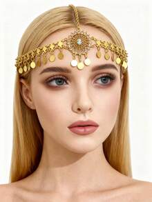 1pc Gold-Plated Round Crystal Hollow Pendant Headchain, Suitable For Middle Eastern Holiday, Daily Wear, Wedding, Party, Festival, Bridal Headpiece Accessory