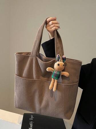 Commuting And Leisure Simple Dual-Use Handbag Shoulder Bag With Multiple Pockets, Large Capacity, Lightweight Corduroy Fabric For Autumn And Winter (The Pendant In The Picture Is Only For Shooting Effects And Not Included)