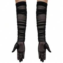 Hazhlko Women's Super Long Stretchy Ruched Mesh Tulle Sheer Gloves Costume Opera Party 1920's Dance Gloves{"Color_name":"Plum"} - Plum - 查看 3