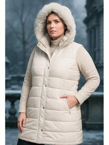 Chaleco Largo Acolchado Mujer Tallas Extras Premium Sakers - Beis - Ver 4
