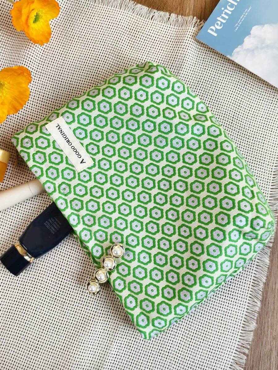 花卉化妆包，可爱小巧的化妆包，女士/女孩旅行洗漱包，大容量拉链化妆盒，钱包收纳包（绿紫色花卉图案） - 彩色 - 查看 1