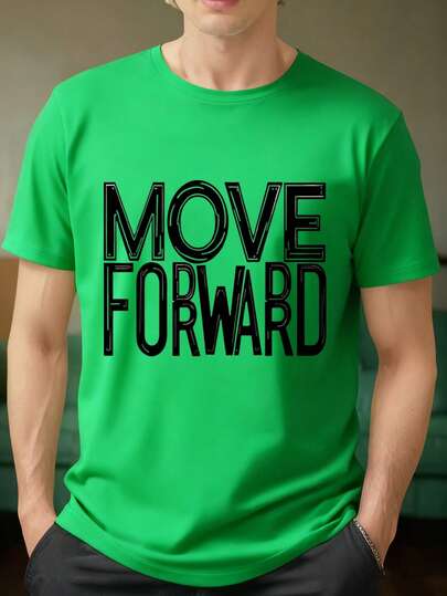 Camiseta de Manga Corta Negra con Estampado MOVE FORWARD en Letras Brillantes - Ideal para Actividades Diarias, Deportes y Estilo Urbano
