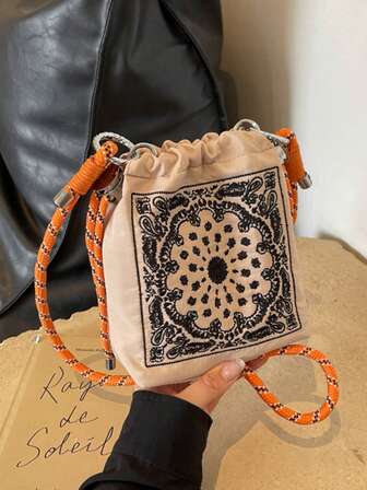 Embroidered Canvas Bucket Shoulder Crossbody Bag, Waterproof Nylon Fashion Handbag With Detachable Strap, Women'ly Tote Bag