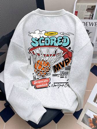 1 男童长袖圆领套头衫，带有“Dunk Score”印花图案，为年轻男孩/青少年男孩提供舒适、时尚、休闲的秋冬新款保暖上衣