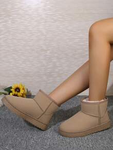 女士保暖百搭简约雪地靴，防滑短筒靴，秋冬季，毛绒靴，时尚靴 - 杏色 - 查看 5