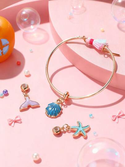 3pcs Adjustable Bangle Bracelet Set With Cute Cartoon Ocean Themed Pendants, Designed For Girls, Suitable For Daily Wear, Festivals, Parties, And Gifts