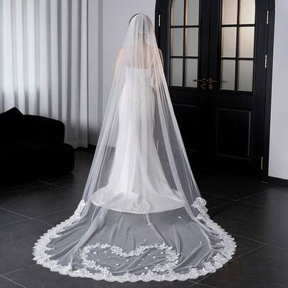 1 قطعة حجاب عروس طويل مزين بالدانتيل والترتر، إكسسوار تصوير زفاف، بتصميم عيد الميلاد